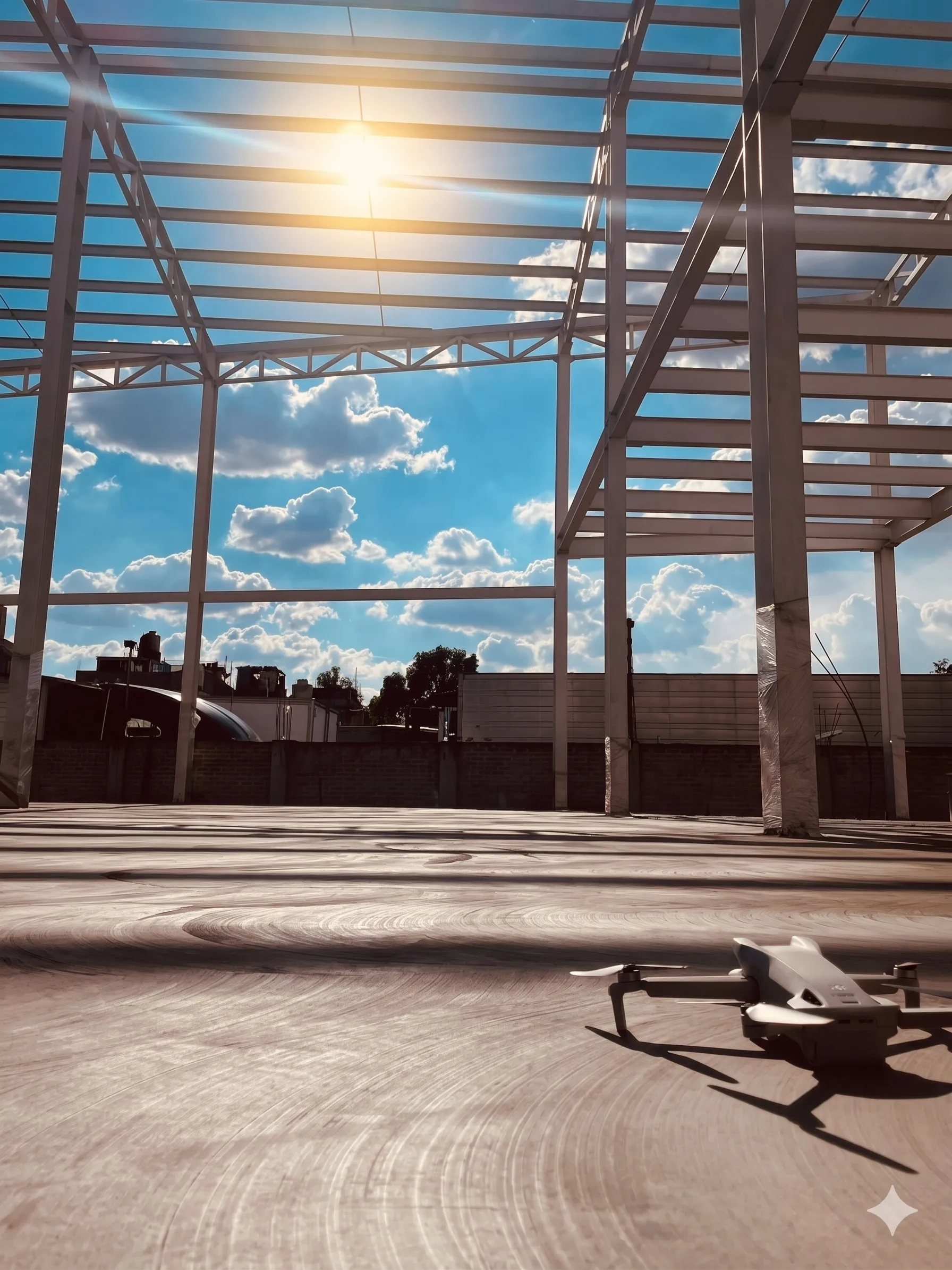 Estructura de acero de nave industrial en construcción — obra Escaleno en Texcoco.