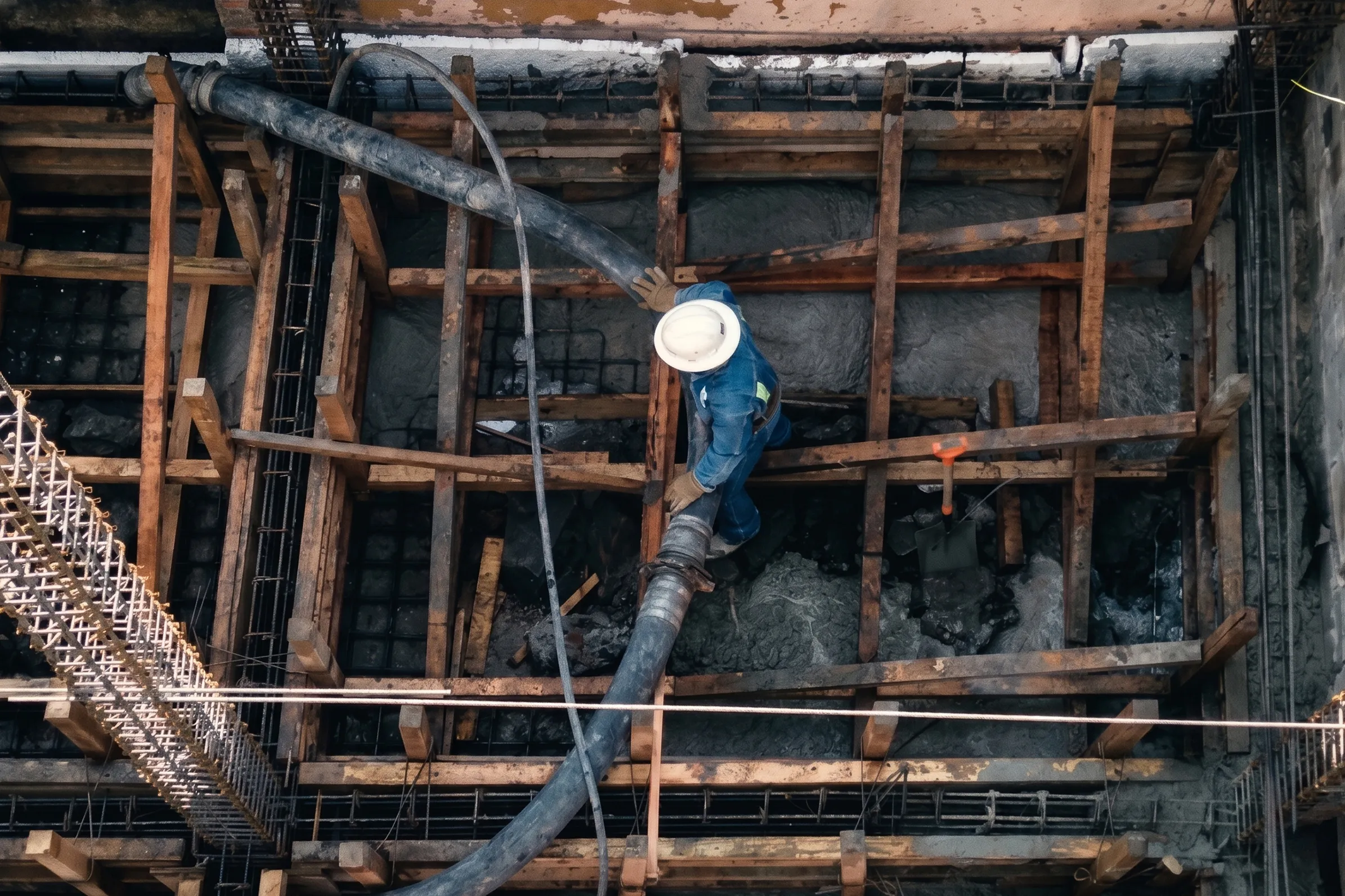 Equipo en obra durante un colado de concreto en Texcoco.