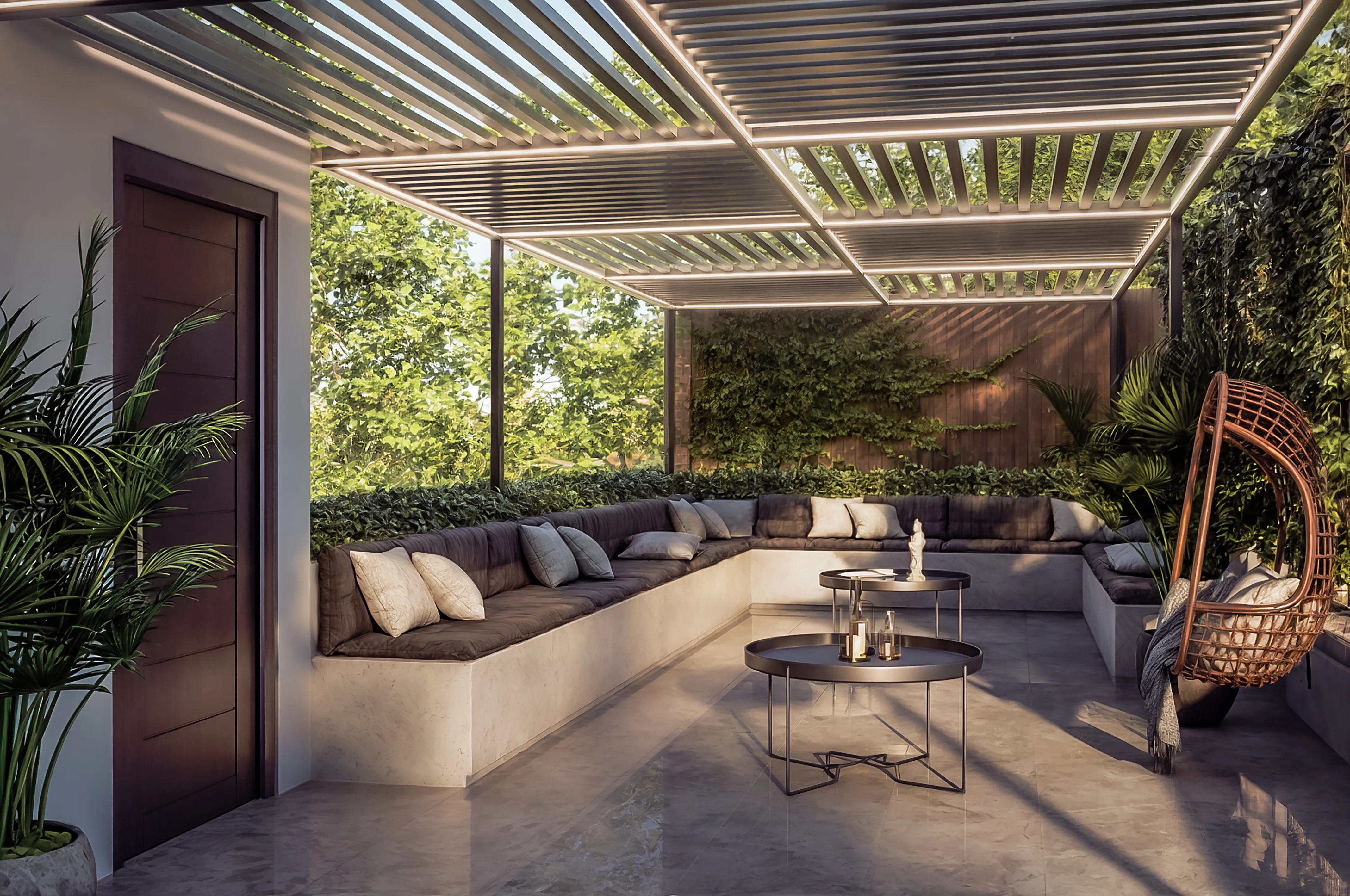 Casa Zapotlán — terraza con pérgola, sala lounge y vegetación.
