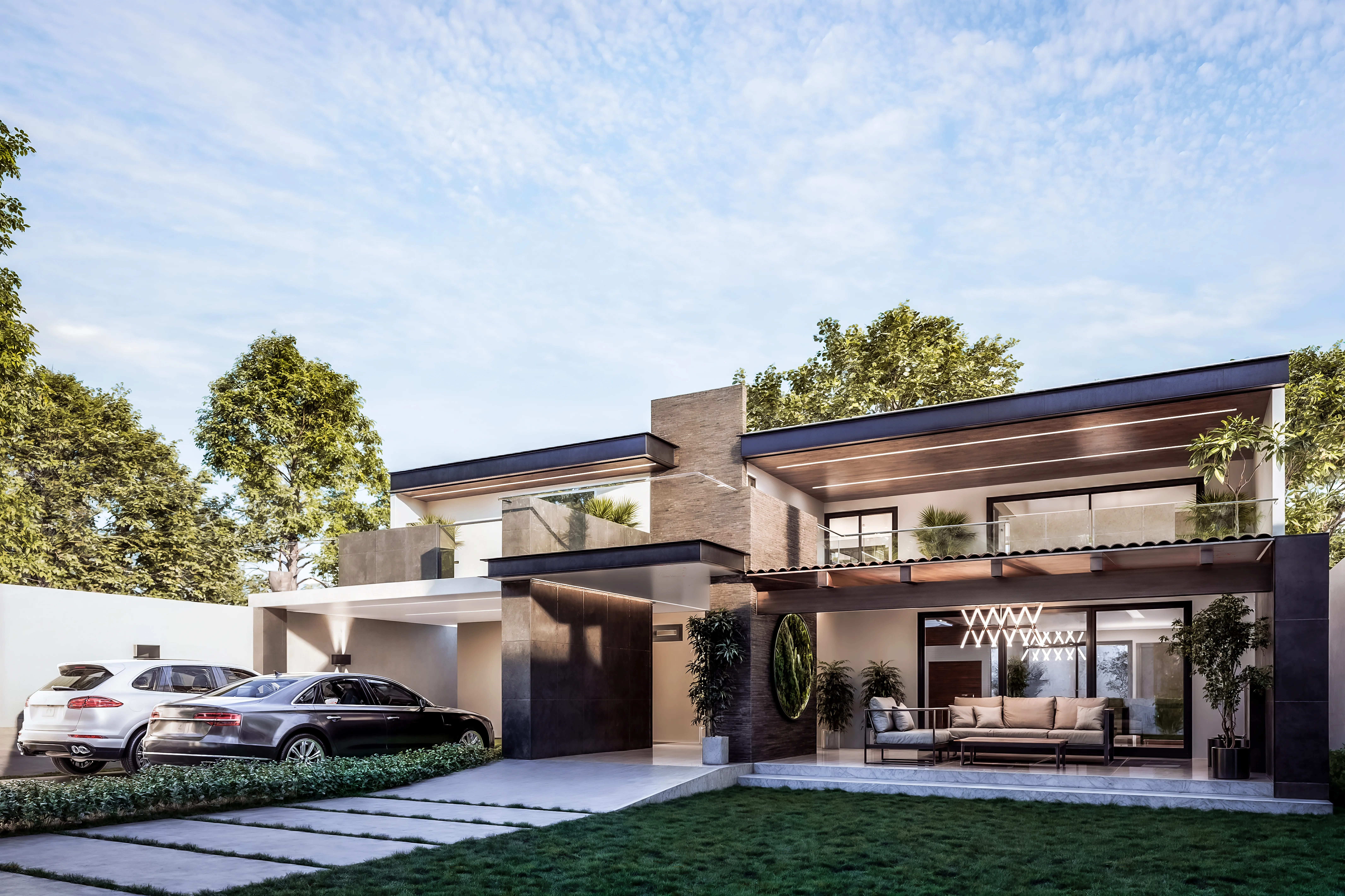 Casa Acolman — fachada moderna con cochera y vegetación frontal.