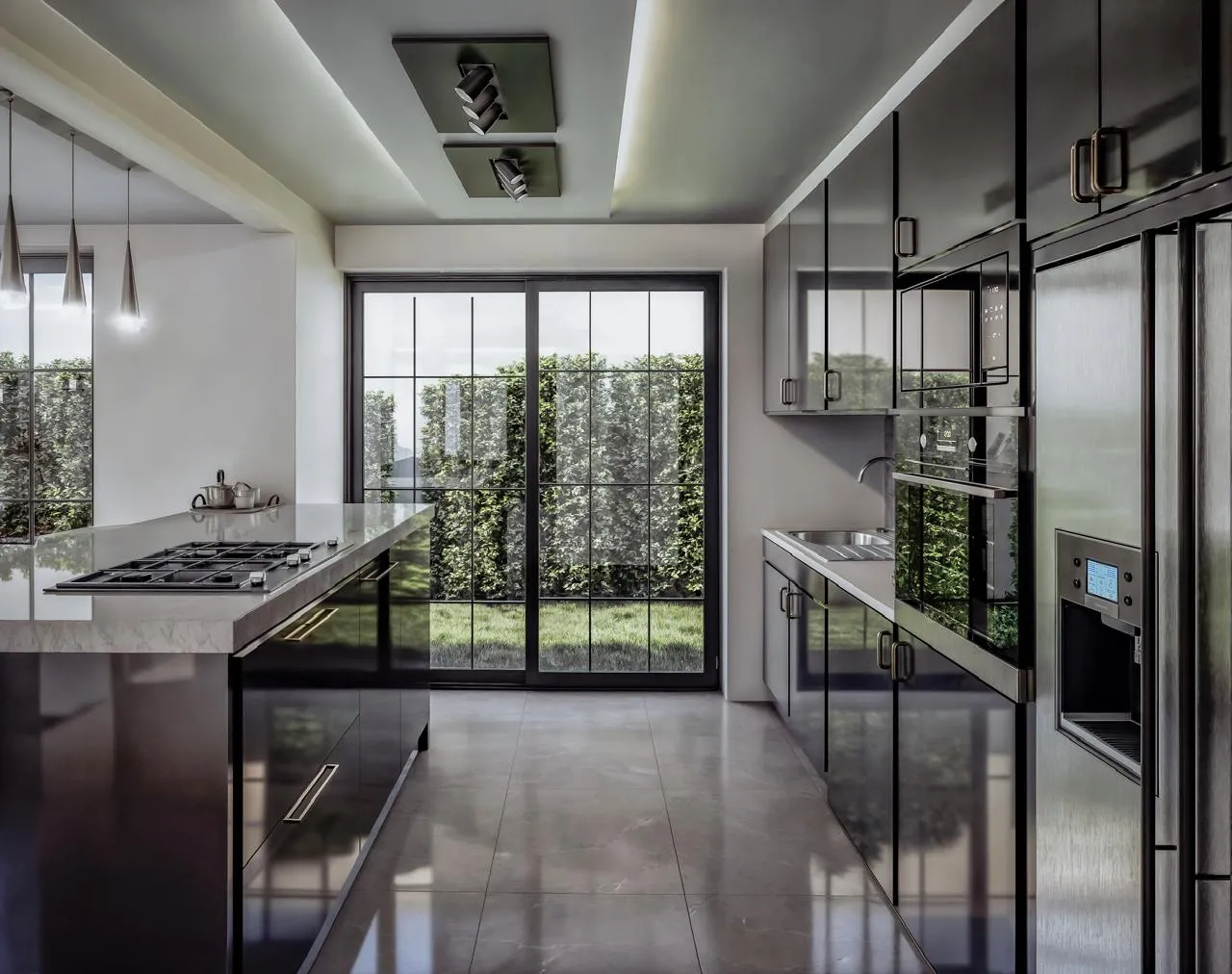 Cocina moderna con isla de mármol, gabinetería negra brillante y ventanal hacia jardín — resultado de ampliación residencial con interior renovado.