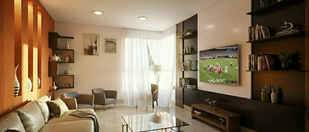 Render arquitectónico — sala con anaqueles, ventanal y mobiliario contemporáneo.