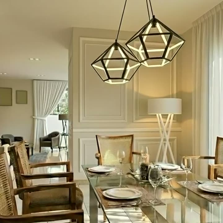 Render arquitectónico — comedor con iluminación pendiente y mobiliario de madera.
